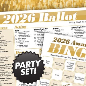 Puede incluir: Dos hojas de papel con texto para una boleta electoral y un juego de bingo de 2026. La boleta enumera categorías como Mejor Película y Actuación, con casillas de verificación. La tarjeta de bingo tiene casillas con frases como "Bugonio gana un Oscar".