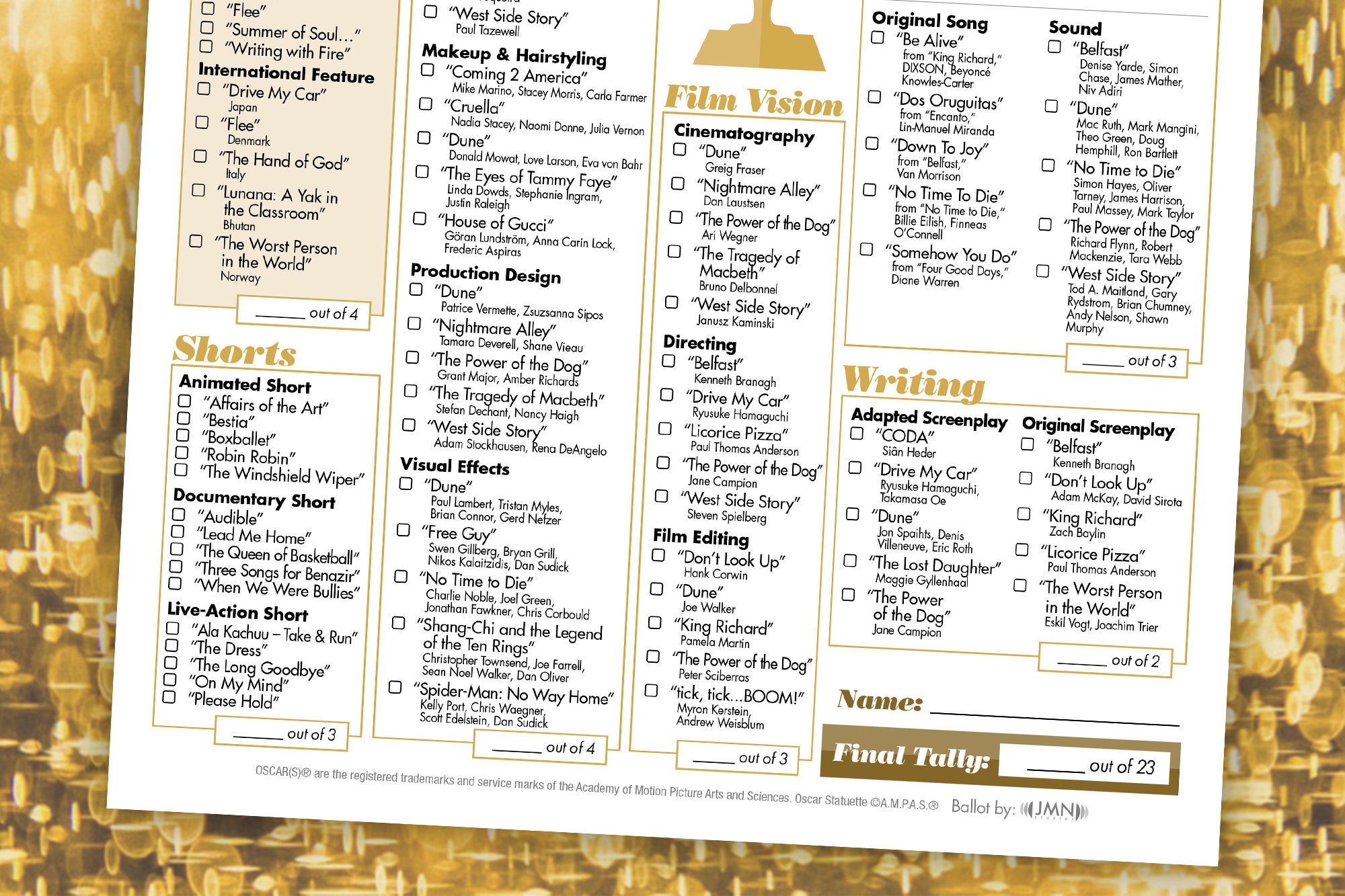 2022 Oscars Printable Ballot Download Etsy