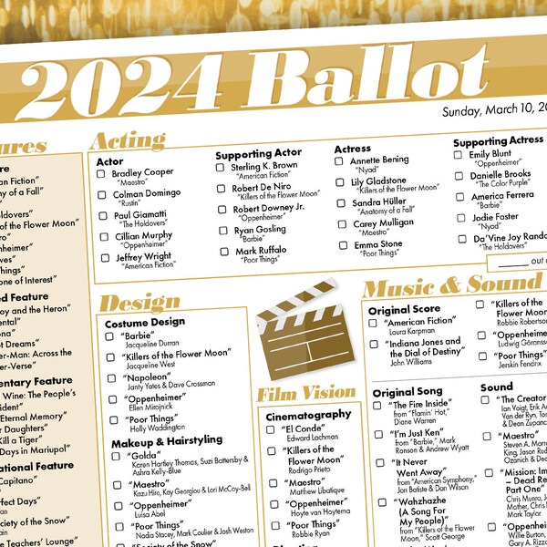 Bulletin de vote imprimable à télécharger pour la remise des prix 2024 (Oscars)