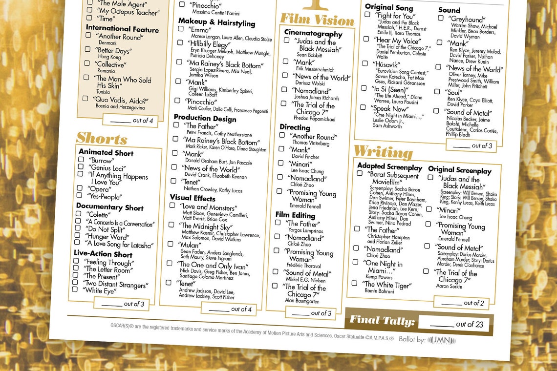 2021 Oscars Printable Ballot Download