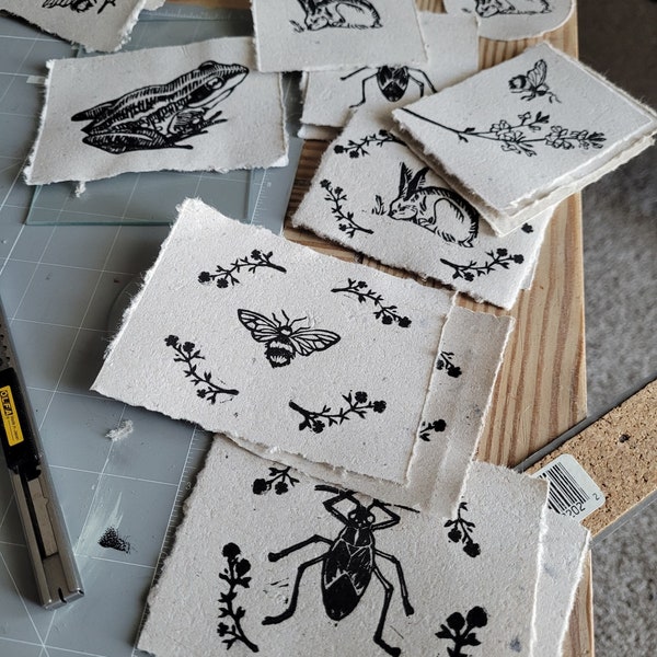 Mini Print Grab Bag RIGID MAILER- Linocut Prints | frog, bugs, teeth, hare, bees, suprise, gift,