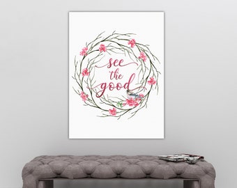 See the Good digital printable inspirational cherry blossom floral wreath farmhouse home decor journal planner artwork