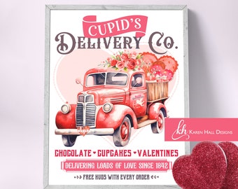 CUPID’S DELIVERY CO. Valentine's Day Printable Sign / Vintage Truck Illustration / Floral Truck / Downloadable Print / Valentine Home Decor
