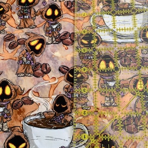 May include: A brown and white fabric with a repeating pattern of cartoon figures wearing brown robes and holding coffee cups. The figures are surrounded by coffee beans and coffee stains. The fabric is measured with a ruler.
