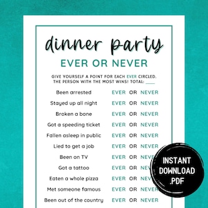 Dinner Party Game, Printable Dinner Party Games, Ever Or Never, Dinner Games, Dinner Table Game, Icebreaker Game, Adult Party Game