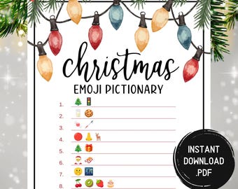 Puede incluir: Un juego imprimible de Pictionary de emojis navideños blanco con un borde negro. El título "christmas EMOJI PICTIONARY" está en la parte superior, con luces de colores encima. Un círculo negro con "INSTANT DOWNLOAD .PDF" está a la derecha.