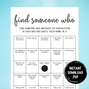 Icebreaker Games, Ice Breaker Games, Ice Breaker Questions, Find Someone Who, Bingo, Office Party Games, Happy Hour Games, Printable Games