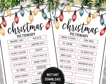 Puede incluir: Dos hojas de juego de Pictionary navideño con ilustraciones y texto festivos. Las hojas presentan una cadena de luces de colores y una variedad de palabras y frases temáticas de vacaciones, perfectas para una divertida actividad navideña.