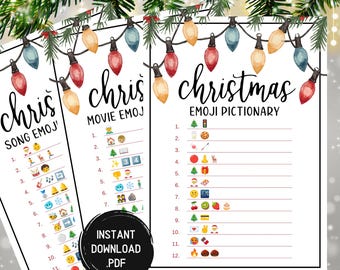 Puede incluir: Tres hojas de juego navideñas imprimibles en blanco con diccionario de emojis y las palabras "chris" y "christmas". Las hojas están decoradas con luces de cadena y ramas de hoja perenne. También se ve el texto "Instant Download .PDF".
