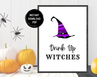 Halloween-bord Drink Up Witches: decoratie feestbar (digitale download)