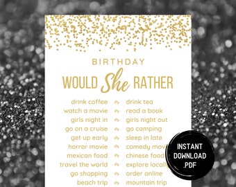 Juego de cumpleaños "¿Qué preferiría?": Actividad imprimible (Descarga PDF)