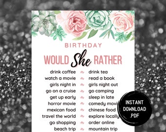 Would She Rather, Printable Birthday Games, Would She Rather 30th Birthday Game, Virtual Birthday Games, Zoom Games, Instant Download