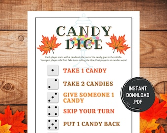 Jogo de dados de doces de outono, jogo divertido para a família no outono, jogos de outono, atividades de outono, jogos divertidos para imprimir para adultos, crianças e adolescentes, atividade de Ação de Graças