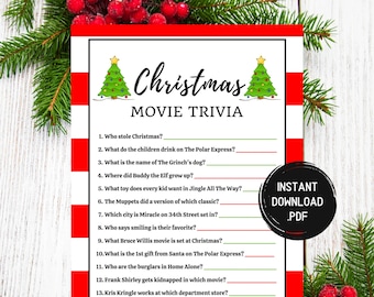 Op de afbeelding: Een printbaar kerstfilm-trivia-spel met rode en witte strepen en een groene kerstboomgrafiek. Het spel bevat 15 vragen over populaire kerstfilms.