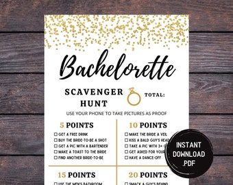 Gold Bachelorette Scavenger Hunt, Bachelorette Party Game Printable, Dirty Bachelorette Games, Instant Download, Photo Challenge