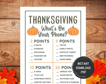 Thanksgiving, was ist auf Ihrem Handy-Spiel, Herbst-Spiele, Herbst-Spiele, Herbst-Aktivitäten, druckbare Spiele für Erwachsene Jugendliche, lustige Spiele für Gruppen