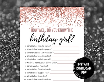 Who Knows The Birthday Girl Best - How Well Do You Know The Birthday Girl - Birthday Quiz - 30th Birthday Party Game - Printable - Rose Gold