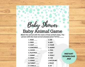 Name The Baby Animal Game - Who Is My Mama Game - Baby Animal Game - Mint Green Baby Shower - Guess The Baby Animal Game - Digital Download