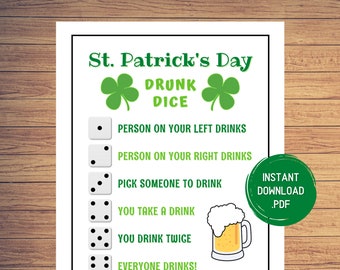 St Patrick's Day Drunk Dice Drinking Game, Fun St Patty's Day Drinking Games, Games for Adults, Zoom Party Games, Instant Download