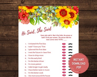 He Said She Said Bridal Shower Game, Floral Bridal Shower Games, Printable Wedding Shower Game, Guess Who Said It Bride or Groom Game