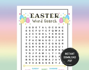 May include: A printable Easter word search puzzle with a colorful Easter egg design. The puzzle features words related to Easter, such as "basket", "candy", "chicks", "family", "flowers", "spring", "sunshine", and "tulips".