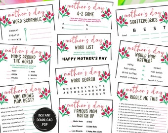 Mothers Day Printable Games Bundle, Mothers Day Party Games, Games for Moms, Women Ministry Games, Brunch, Mothers Day Trivia Games