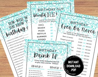 Op de afbeelding: Een set afdrukbare verjaardagsfeestspellen met een turquoise confetti-ontwerp. De spellen omvatten "How Well Do You Know T' Birthday?", "Birthday Guy Would He!", "Birthday Drink If..." en "Birthday Ever or Never".