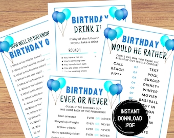May include: Three printable game cards for a birthday party. The first card is a "How Well Do You Know the Birthday Guy" game with 15 questions. The second card is a "Birthday Drink If" game with a list of prompts for taking a drink. The third card is a "Birthday Would He Rather" game with a list of choices for the birthday person to choose from.