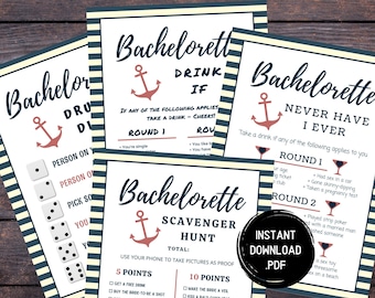 Könnte beinhalten: Vier druckbare Bachelorette-Party-Spielkarten mit nautischem Thema. Die Karten sind blau-weiß gestreift mit einem roten Anker und Text, der "Trinken, wenn", "Nie habe ich je", "Schnitzeljagd" und "Wahrheit oder Pflicht" lautet.