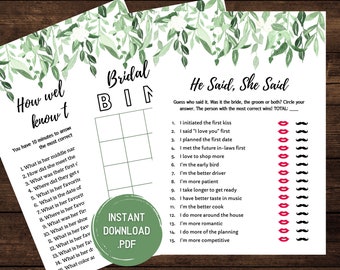 Greenery Bridal Shower Games Bundle: He Said She Said, Bingo (Digital Download)