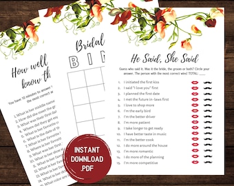 Burgundy Bridal Shower Games: He Said She Said, Bingo (Digital Download)