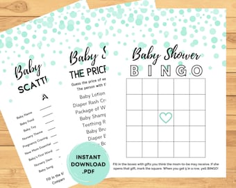 Baby Shower Games - 3 Pack Baby Games - Mint Green Baby Shower Printables Bundle - Instant Download - Baby Shower Mint Green Games