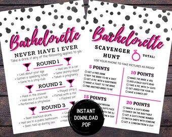 Bachelorette Party Game Printables - Bachelorette Scavenger Hunt - Bachelorette Never Have I Ever - Hen Party Games - Instant Download
