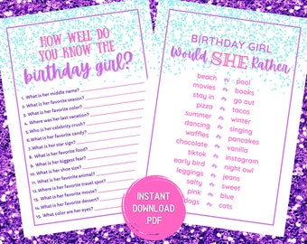 Teen Sleepover Birthday Party Games - Would She Rather - How Well Do You Know The Birthday Girl - Printable Birthday Game - Instant Download