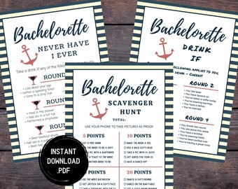 Könnte beinhalten: Drei druckbare Spiele für einen Junggesellinnenabschied mit nautischen Designs. Die Spiele umfassen "Never Have I Ever", "Drink If" und eine Schnitzeljagd. Jedes Spiel hat eine Ankergrafik und ist als Sofort-Download erhältlich.