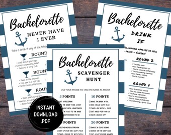 Könnte beinhalten: Drei druckbare Spielkarten für einen Junggesellinnenabschied. Die Karten sind blau und weiß mit einem Ankerdesign. Die erste Karte ist ein "Nie hab ich je"-Spiel. Die zweite Karte ist ein "Schnitzeljagd"-Spiel. Die dritte Karte ist ein "Trink, wenn"-Spiel.