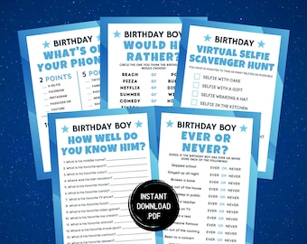 Op de afbeelding: Een set met printbare verjaardagsspelletjes voor een jongen. De spellen omvatten "What's on your phone", "Would you rather", "Virtual Selfie Scavenger Hunt", "How well do you know him?" en "Ever or Never?"