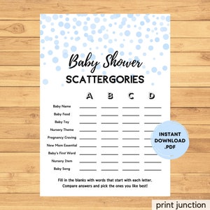 Scattergories-spel babyshower: blauwe afdrukbare kaarten (direct downloaden)