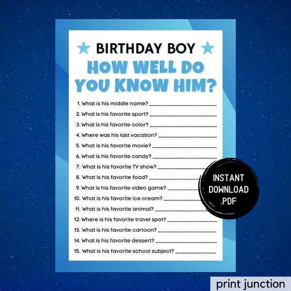 Teen Boy Birthday Games, Who Knows The Birthday Boy Best Game, Tween Birthday Game, 8th, 9th, 10th, 11th Birthday Games, Instant Download