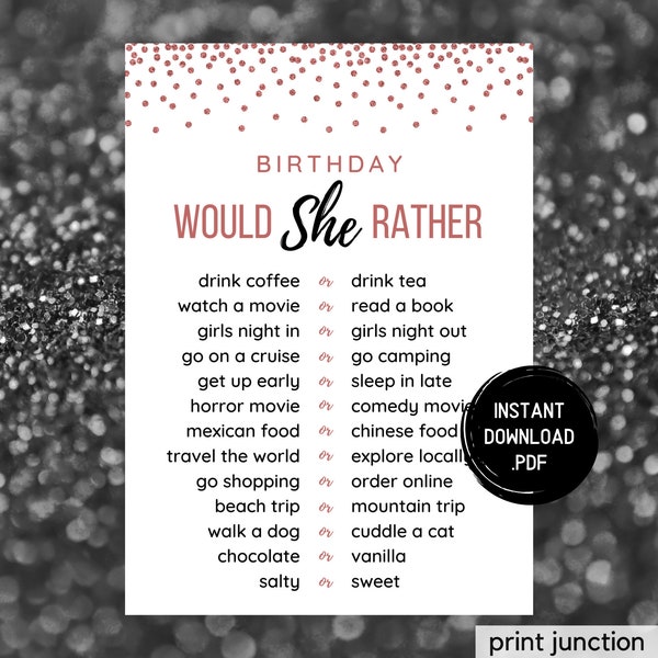 Birthday Would She Rather - Printable Birthday Games - Would She Rather 30th Birthday Game - Birthday Games - Birthday Game - Birthday Girl