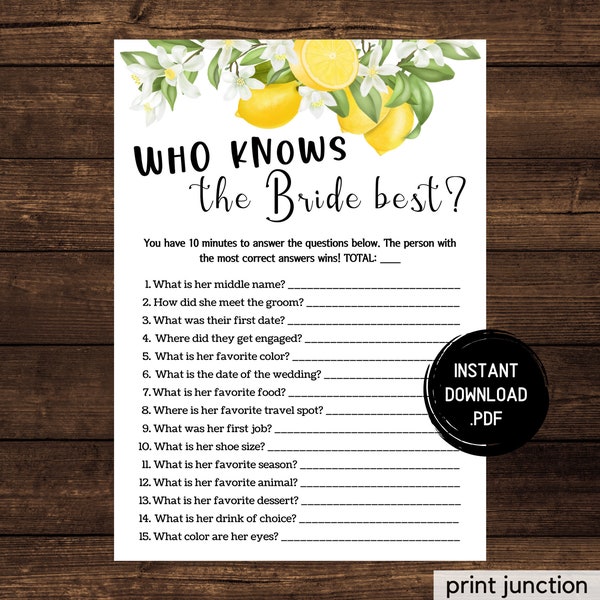 Lemon Bridal Shower, Who Knows The Bride Best, Lemon Theme Bridal Shower, Virtual Bridal Shower Games, Zoom Bridal Shower, Instant Download