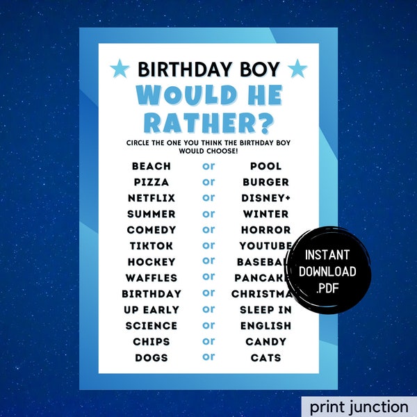 Teen Boy Birthday Game, Would He Rather, Teenager Birthday, Virtual Birthday Games, Zoom Birthday Games, Tween, Preteen, Instant Download