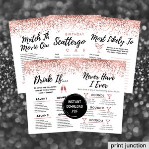 Rose Gold Birthday Game Pack für Erwachsene - Lustige Geburtstagsparty-Spiele - Nie habe ich jemals - Trinken, wenn - Am wahrscheinlichsten - Scattergories - Film-Quiz