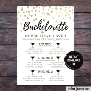 Gold & Black Bachelorette Never Have I Ever, Bachelorette Party Games, Bachelorette Games, Drinking Games, Hen Party Game, Printable