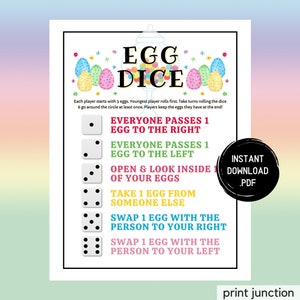 May include: Printable Easter egg dice game with instructions. The game involves passing eggs around the circle, opening eggs, and swapping eggs with other players. The dice have different numbers of dots on each side.