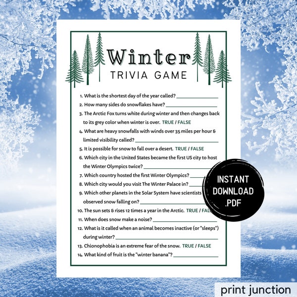 Winter Trivia Game, Printable Winter Games, Wintertime Activities, Fun Winter Games, Holiday Trivia, Christmas Trivia, Instant Download