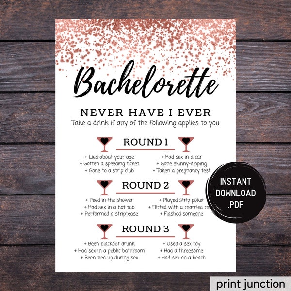 Rose Gold Bachelorette Party Game - Never Have I Ever - Hen Party Game - Printable - Dirty Bachelorette Games - Rose Gold Fun Drinking Game