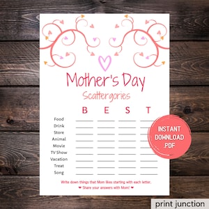 Mother&#39;s Day Game - Printable Mother&#39;s Day Scattergories - Mothers Day Activities - Games to Play with Mom on Mothers Day - Instant Download