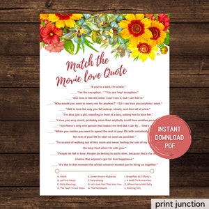 Movie Love Quote Match Game, Famous Love Quote Movie Game, Spring Bridal Shower Games, Garden Bridal Shower Games, Instant Download