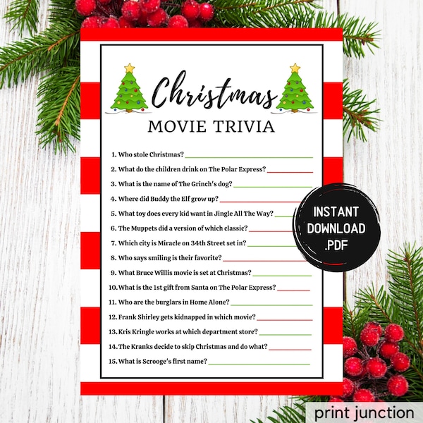 Christmas Movie Trivia Game - Christmas Trivia Printable Games - Christmas Day - Fun Holiday Game - Christmas Party Games - Instant Download